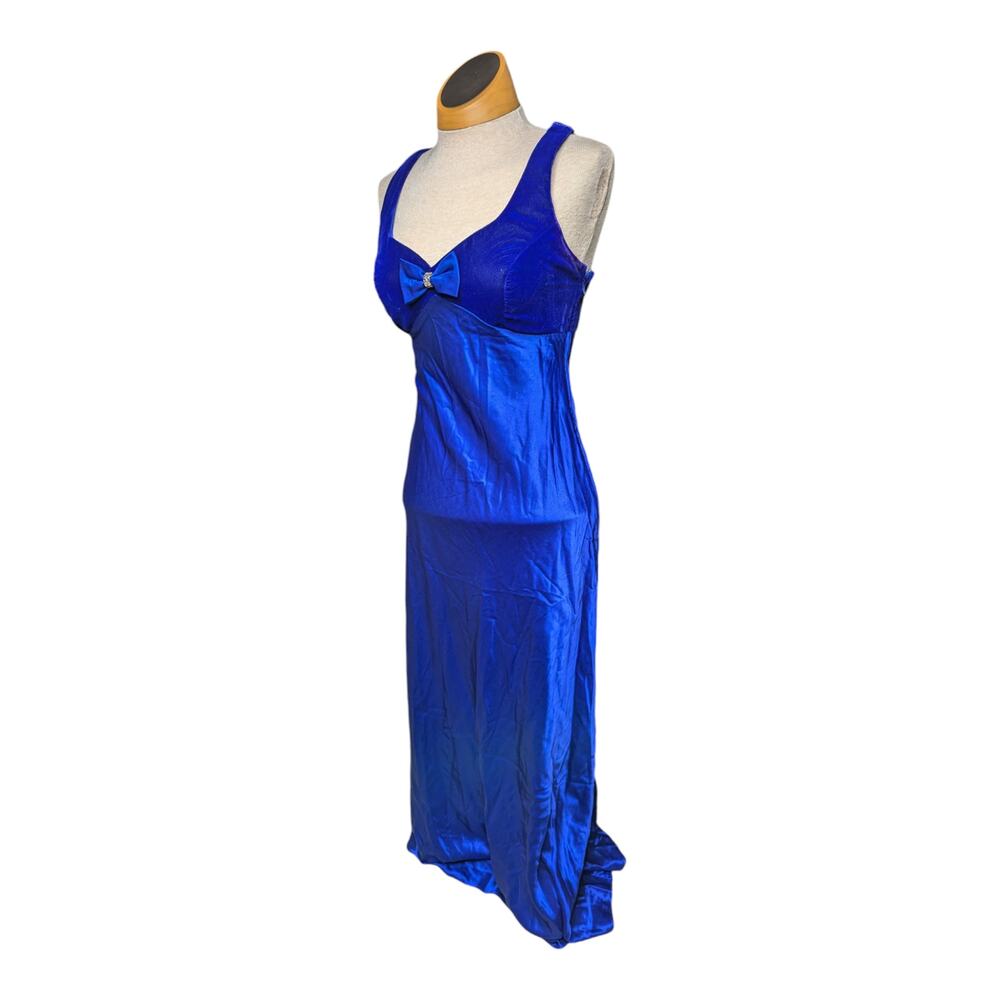 Vtg 1990s Zum Zum Blue Velvet Bow Accent Satin Skirt Maxi Prom Dress 3 4